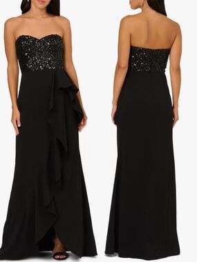 NEW Adrianna Papell BLACK Strapless SEQUIN BEADED Ruffle EVENING Dress GOWN US 4